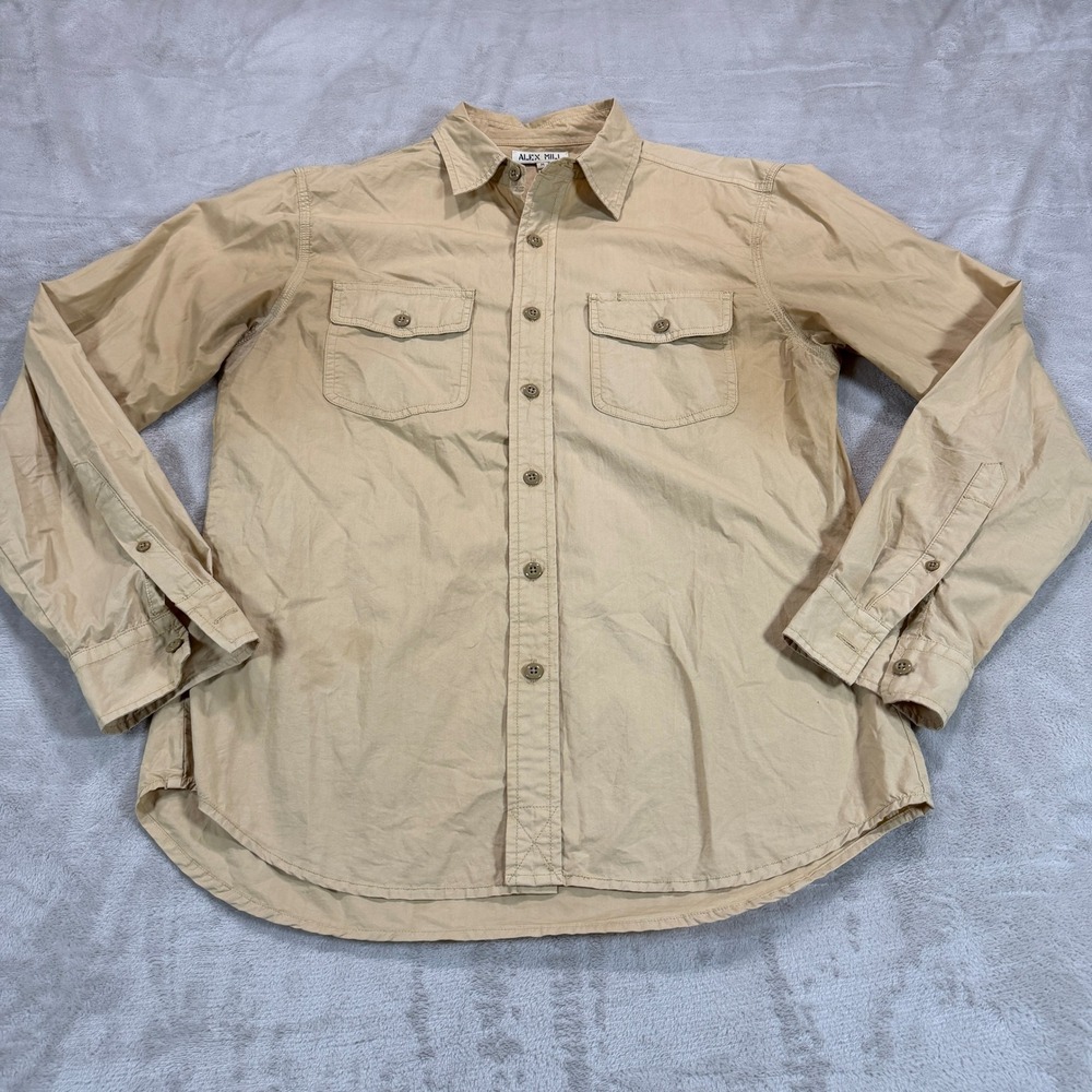Alex Mill Mens Medium Tan Khaki Cotton Utility Button Down Shirt Pockets Hiking